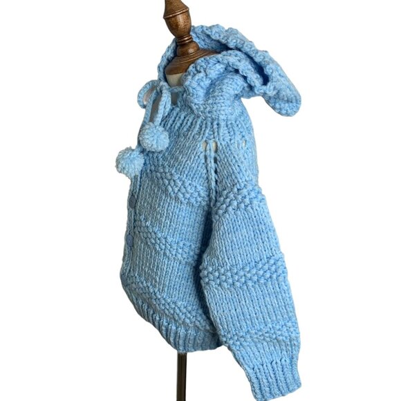Vintage Handmade Knit Hooded Sweater 6-7 Blue Button Up Cardigan Puff Balls - Picture 4 of 7